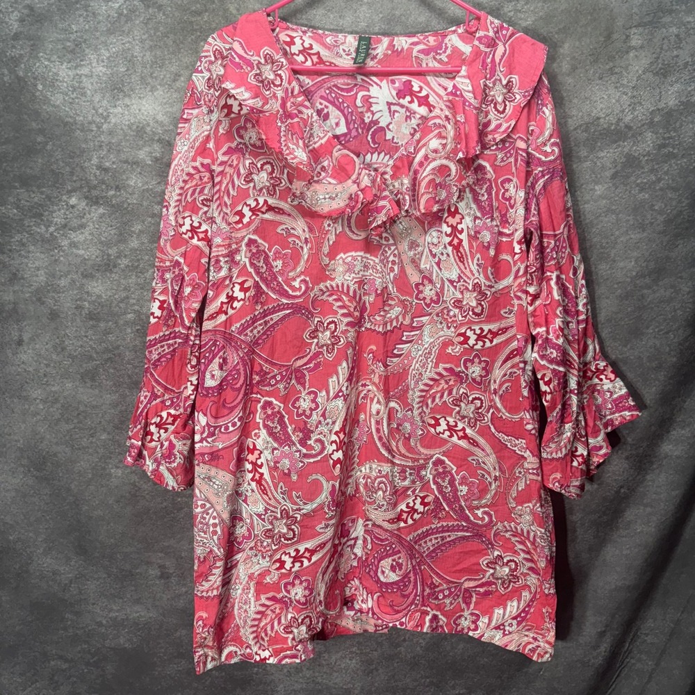 Ralph Lauren Pink Paisley Ruffle V-Neck Tunic Dress Size L Grandmillenial